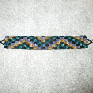 Vtg Iridescent Beaded Bracelet Checkered Green Purple Wide Artsy Hippie Boho